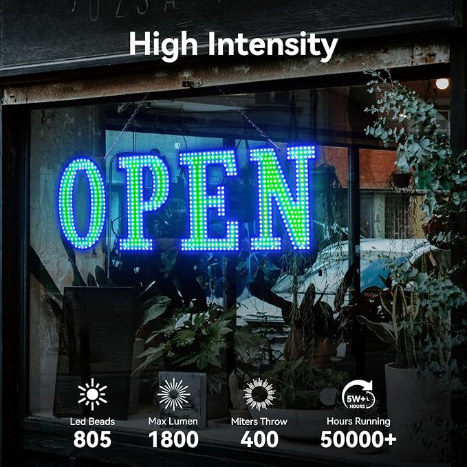 40"x 14" Large Flashing Open Sign for Business, Unique Design Super Bright Open Sign with Hanging Installation for Bar Salon Coffee Stores Club Hotel (Blue & Green)