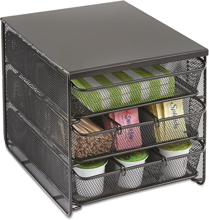 Safco Onyx Hospitality Organizer, 3 Drawers, For Snacks, Coffee Pods, Sugar Sweetener, Stirrer, Napkins and More, Steel Mesh, Black