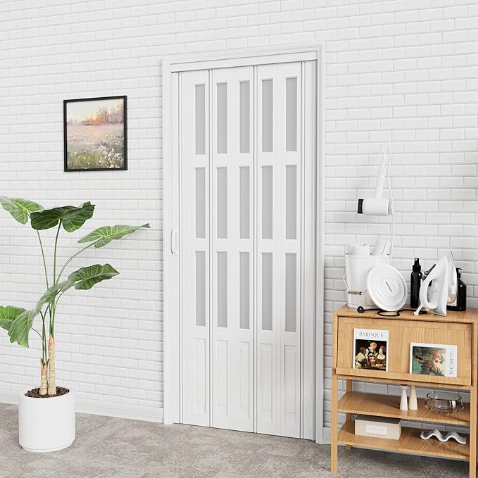 24-36 x 80in Accordion Doors Interior Folding Door, White PVC Accordion Door with 3 Frosted Acrylic Glass with Upgraded Roller & Handle & Complete Hardware, for Closet Bathroom Doorways