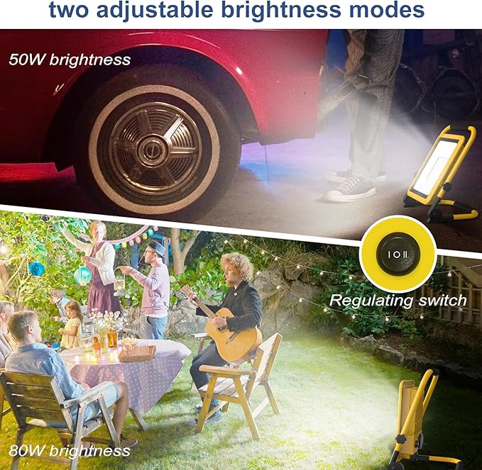 10000LM LED Work Light, 50/80W Patterns Portable Flood Light with Socket & Switch, Outside Work Lights with Stand,16.4 ft Cord, 2 Brightness Modes Adjustable Worklight for Workshop Garage,Construction