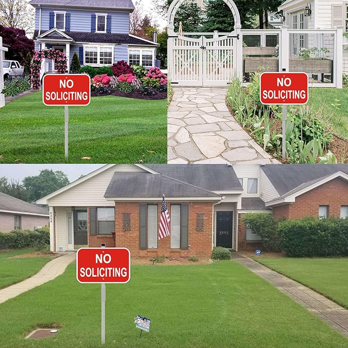 No Soliciting Sign with Stake, 12" x 8" Heavy Duty Aluminum Signs & 28" Long Aluminum Alloy Stakes, Red No Soliciting Sign for House, Home Yard Decor