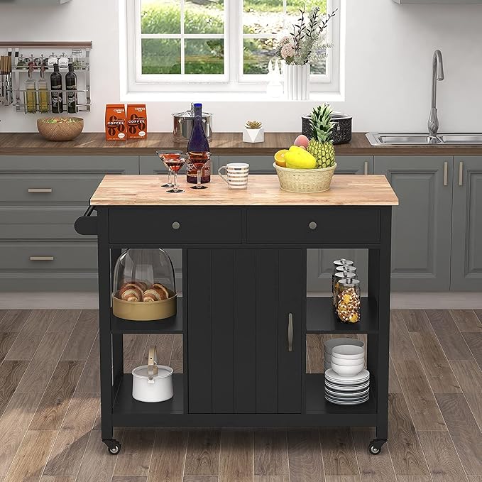 ChooChoo Kitchen Islands on Wheels with Wood Top, Utility Wood Movable Kitchen Cart with Storage and Drawers, Black