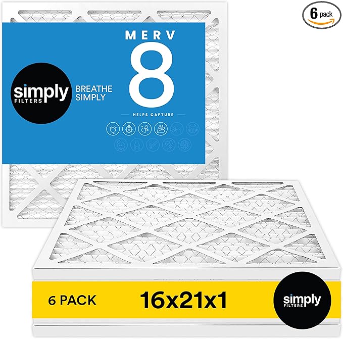 Simply 16x21x1 Air Filter, Merv 8, 6 Pack, For Home AC Furnace & HVAC (Actual Size: 15.75"x20.75"x0.75") DUST, Pet, & Allergy Control