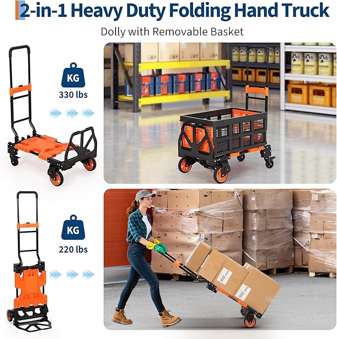 Garvee Folding Hand Truck, 330 LB Heavy Duty Dolly Cart with Foldable Basket, Portable Folding Hand Cart with Bungee Rope, Rubber Wheels and Retractable Handle for Luggage, Moving, Office, Orange