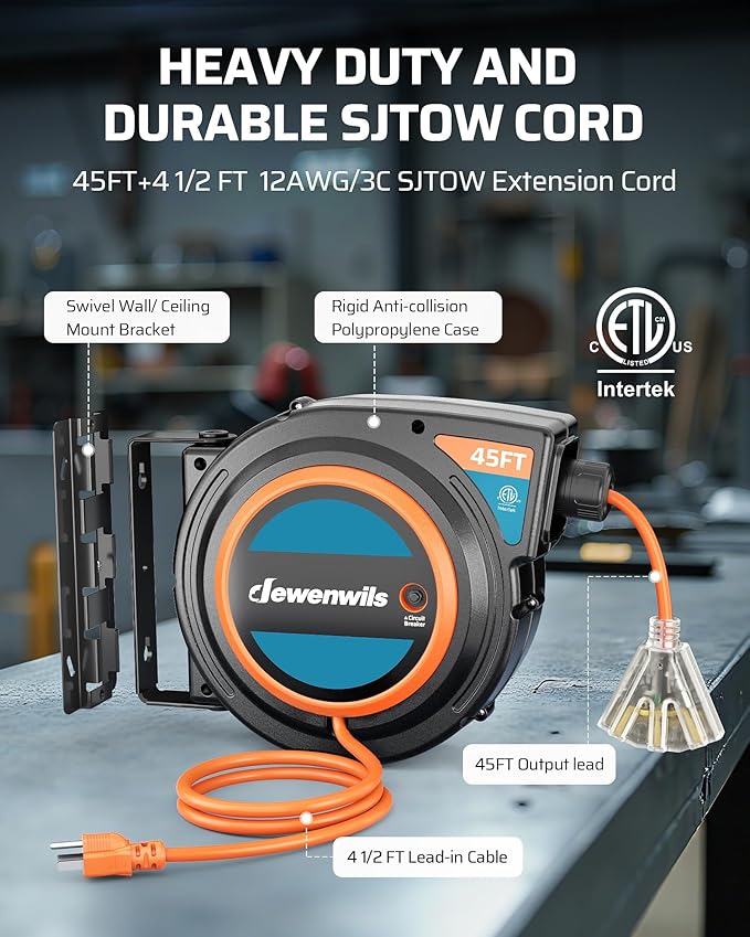 DEWENWILS 45FT Retractable Extension Cord Reel with Twist-lock Stopper, 12/3C/15A SJTOW Power Cord Reel, Lightweight and Portable, for Home Maintenance, Garages, Workshops, ETL Listed, Orange