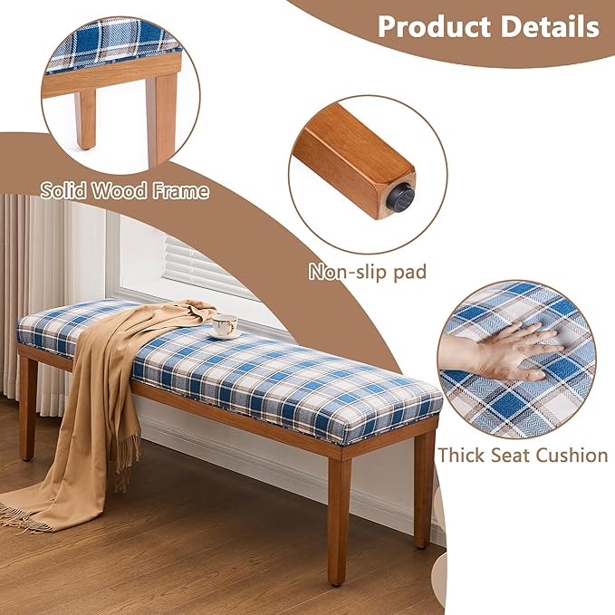 Rowill 53 Inch Long Entryway Bench for Bedroom End of Bed, Dining Room Bench with Upholstered Padded Seat and Solid Wood Leg for Kitchen, Living Room, Indoor and Hallway, Blue