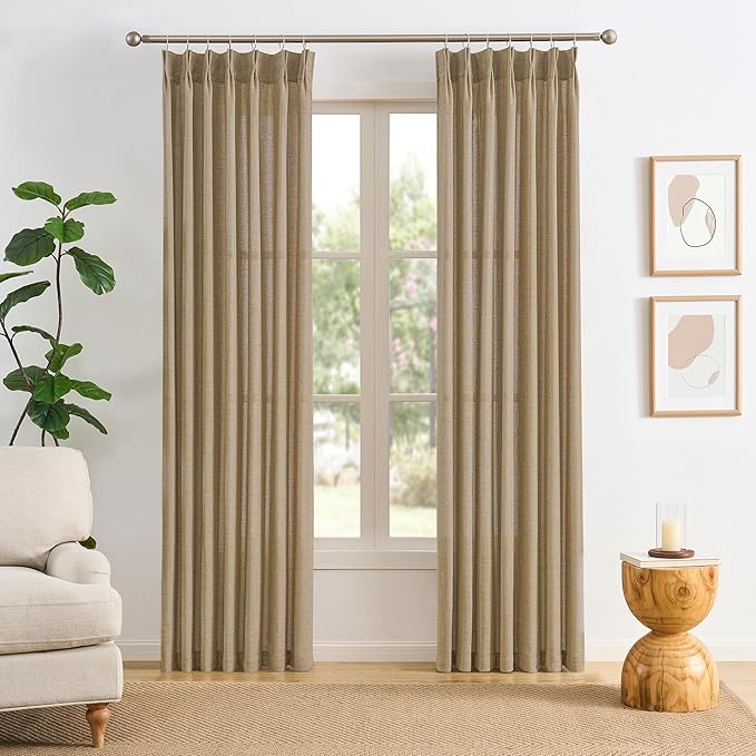 Dark Flax Pinch Pleated Linen Curtains 102 Inches Long Semi Sheer Memory Trained Ripple Fold Curtain with Hooks Back Tab Textured Light Filtering Drapes for Bedroom Living Room 42x102 Set of 2