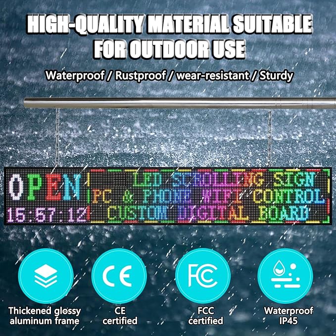 P10 Outdoor Led Sign 77"x14" WiFi Programmable with High Brightness Scrolling LED Sign for Business Digital Advertising Display Electronic Message Board