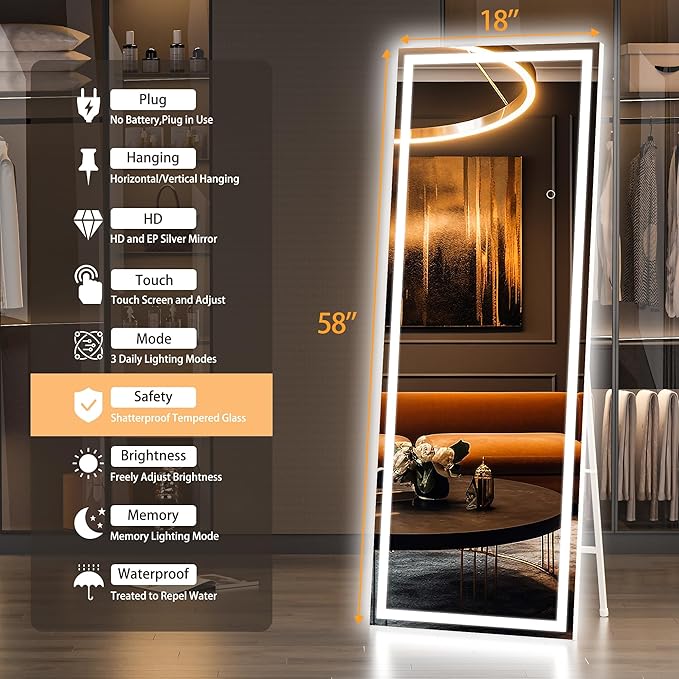 Hasipu Full Length Mirror with Lights, 58" x 18" LED Lighted Floor Standing, Full Body Dressing Hanging Mounted Mirror, Dimmable, Tempered Glass, Safe to Use, Square White