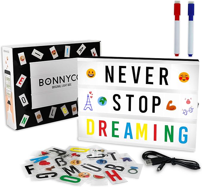 BONNYCO Cinema Light Box with 400 Letters, Symbols, Emojis, 2 Markers and USB. Led Light Box Home Decor, Room Decor. Cinema Led Sign Letters Board, Novelty Gifts Christmas, Birthdays. Marquee Lightbox
