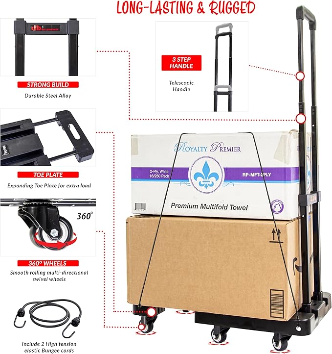 dbest Products Trolley Dolly Platform Cart 6-Wheel Handtruck for Moving, Folding Hand Truck, Telescoping Handle, Expandable Toe Plate & Includes 2 Bungee Chords, Carretilla plegable
