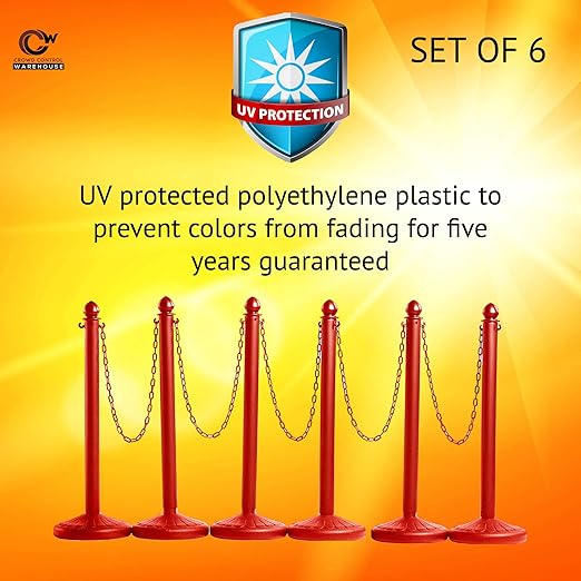 Montour Line Plastic Stanchion Red 2.5 Inch Diameter with 50 Foot Chain, 6-Pack, Crowd Control Barriers