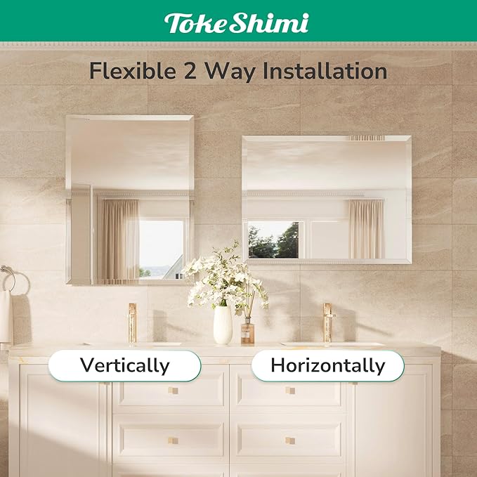 TokeShimi 24x30 Frameless Bathroom Mirror for Over Sink, Tempered Beveled Wall Mirror with 1" Beveled Edge, Shatterproof Rectangle Mirrored for Vanity, Living Room, Entryway, Restroom