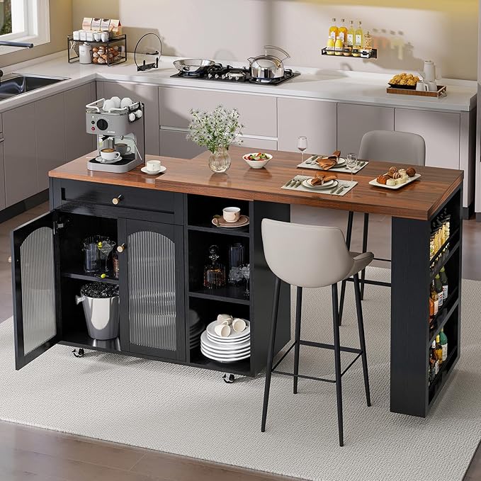 LYNCOHOME Rolling Kitchen Island with 360° Rotating Tabletop, Mobile Lockable Wheels & Adjustable Shelves, Multifunctional Storage Cart for Kitchen & Dining（Black）