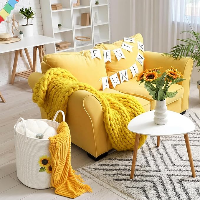 Rustic Sunflower Cotton Rope Basket Large 17.7'' x 14.9'' Clothes Woven Basket Storage for Toy Laundry and Blanket Organizer Round Hamper with Handles for Nursery Organizer Bedroom