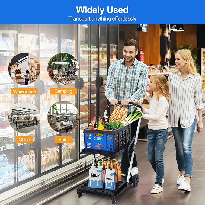 2-Tier Collapsible Shopping Cart, Foldable Grocery Cart with 198 lb Capacity, Wheels & Removable Crate, Portable Utility Trolley for Home, Groceries, Supermarket, Mall, Market, Blue