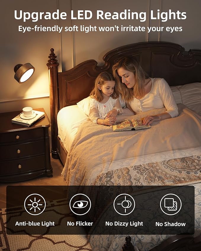 EZVALO LED Wall Mounted Lights, 5500mAh Rechargeable Wall Sconces Lamp, 3 Color Temps & Remote and Touch Control, 360°Rotation Dimmable Cordless Wall Light for Bedroom Reading Study (2 Pack Walnut)