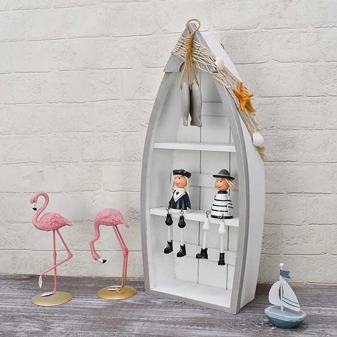 Morning View 2-Shelf Wood Boat Shelf, Nautical Decor with Fishing Net, Starfish, Seashells - Wall Mount or Tabletop Display - Beach Themed Home Decor, White, 6.7x3x16.5 Inch