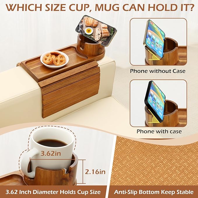 Couch Cup Holder Tray, 15.75" Acacia Wood Couch Armrest Table, 3 in 1 Foldable Sofa Clip on Side Table with 360° Phone Stand, Armrest Tray for Coffee Snacks