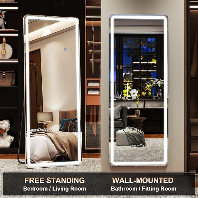 LED Rectangular Corner White Full Length Mirror - 21“ x 64” Brightness Adjustable, Touch Screen Control, Wall Mounted or Freestanding, for Bedroom Living Room Cloakroom Dressing Mirror
