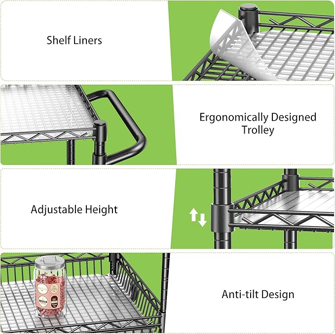 1050lbs Heavy Duty Carts with Wheels Metal Rolling Utility Cart Commercial Grade Kitchen Trolley with Handle Bar&Shelf Liner, Mobile Steel Wire Trolley for Warehouse Garage Kitchen