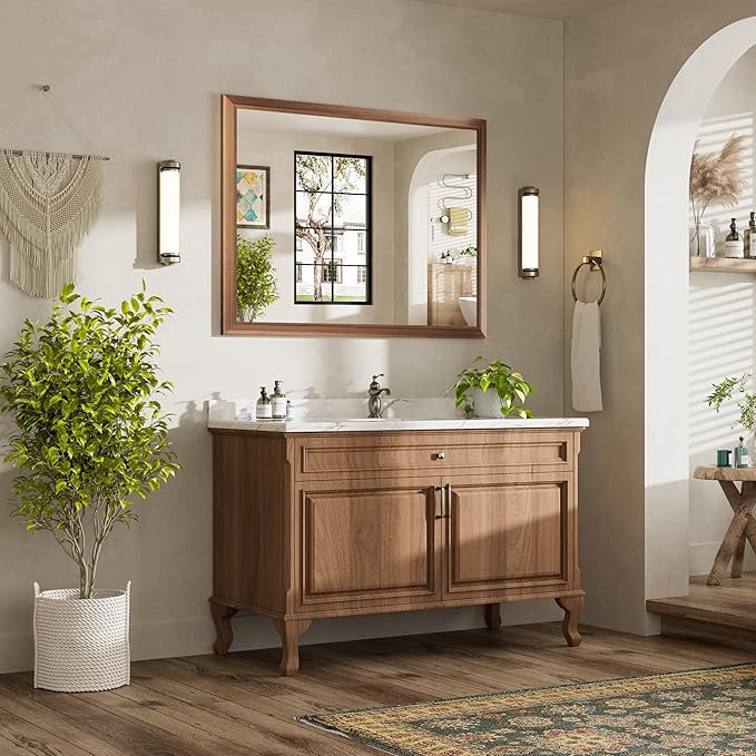 48x36 Inch Bathroom Mirror for Wall, Anti-Rust Walnut Wood Grain Metal Framed Bathroom Mirrors for Over Sink,Rectangler Mirrors for Bathroom Vanity, Farmhouse, Bedroom, Living Room, Entryway Decor