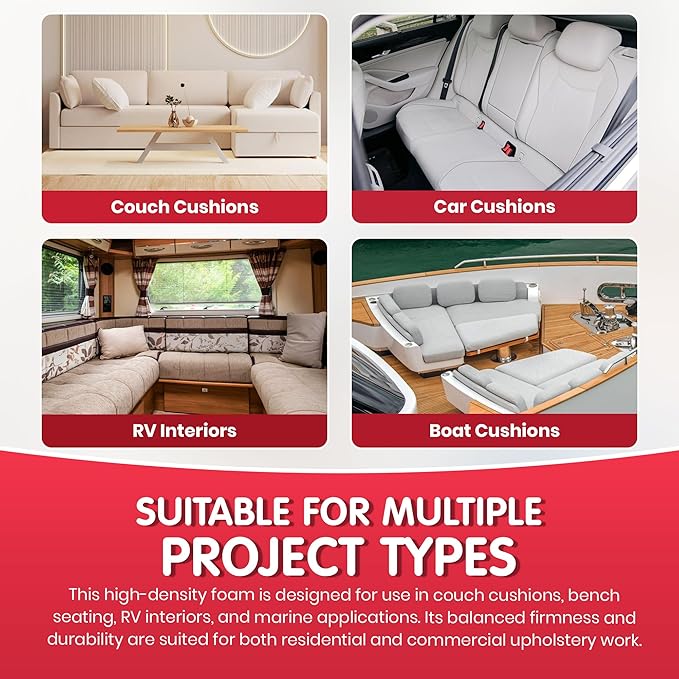 FOAMYFOAM 2Pack High Density 1 inch Thick, 24 inch Wide, 72 inch Long Upholstery Foam, Cushion Replacement