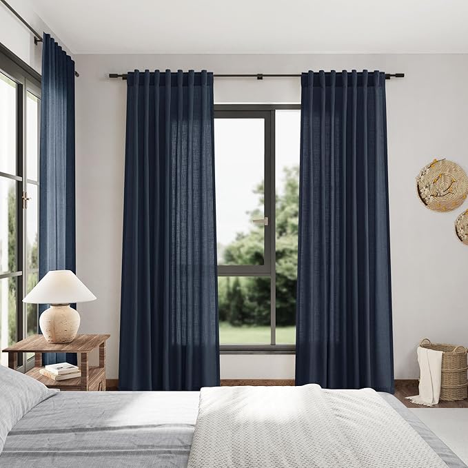 Vintage Blue Linen Curtains 72 Inch Length for Living Room Lightweight Door Drapes 2 Panels Set for Kids Bedroom Sheer Light Filtering Back Tab Rod Pocket Curtain for Kitchen Protect Privacy 52x72
