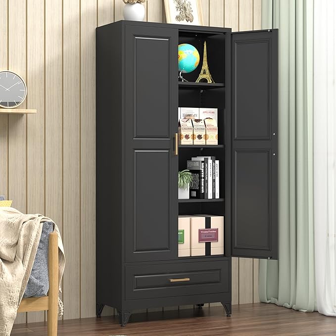 Kitchen Pantry Cabinet, 75" Tall Pantry Cabinet with Drawer, Metal Storage Cabinets with Doors and Shelves, Freestanding Food Cupboards for Dining & Living Room, Black, Assembly Required