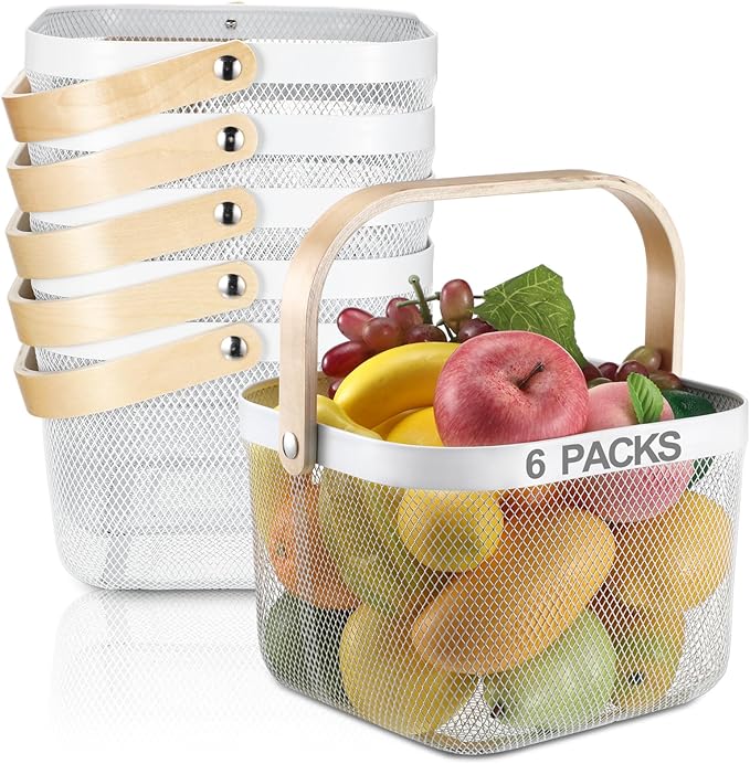 Roshtia 6 Pcs Metal Mesh Steel Basket with Handle, Square Wire Harvest Thanksgiving, Shopping Baskets for Retail Store Christmas Garden Bathroom Kitchen(8.46 x 8.46 x 6.5 Inch,White)