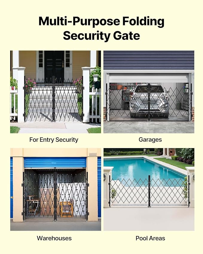 VEVOR Double Folding Security Gate, Lockable Scissor Gate with 360° Swivel Casters, Outdoor Barricade Steel Retractable Gates, for Entry Security, Garage, Warehouse & Pool, 129.92 x 63.19 in (W x H)