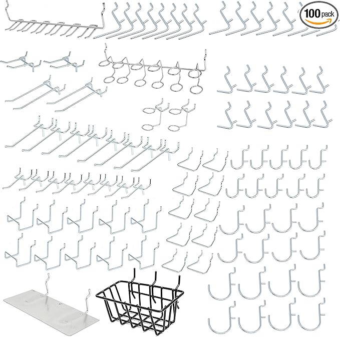 Hiltex 53108 100 Piece Metal Peg Board Hooks and Accessories Set, Pegboard Hooks Assortment, Bins & Hooks for Crafts, Organizer for Garage, Peg Board Tool Utility Hook, 1/4 Pegboard Hooks Accessories