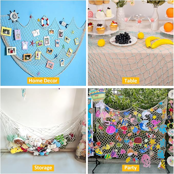 2 Pcs Fish Net Decorations, 39x78 Inch Cotton Nautical Themed Fishing Net, Wall Hanging Photo Display Fishnet for Coastal Bedroom Bathroom, Pirate Hawaiian Beach Under The Sea Party Decor, Sea Blue