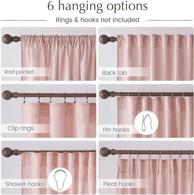 NICETOWN Thick Linen Blend Light Pink Sheer Curtains for Girls Room, Pleat Tape Semi Sheer Privacy Added with Light Filtering Window Treatments for Bedroom/Living Room, W52 x L108, 2 Panels
