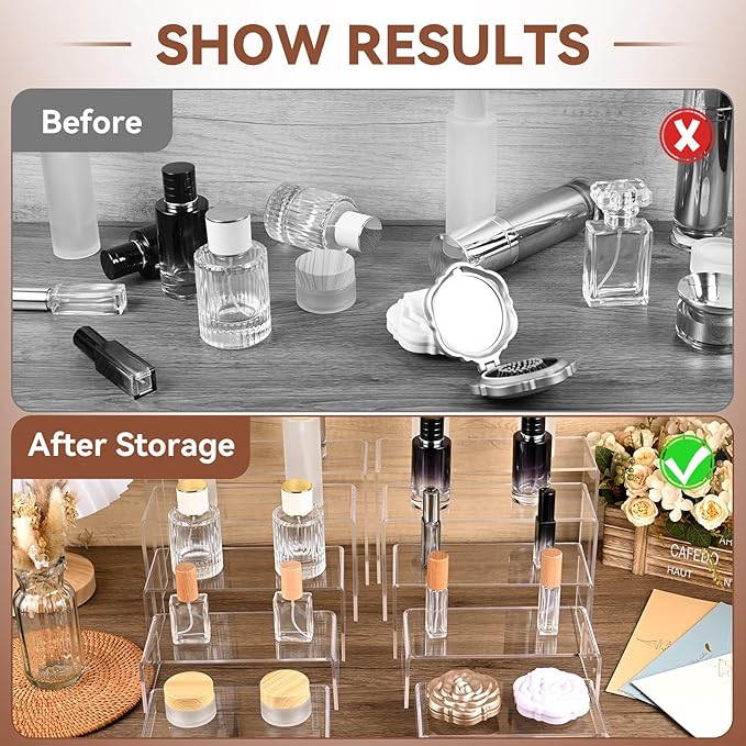 10 Pcs Acrylic Display Riser, 2 Sets 5 Sizes Large Acrylic Risers Display Stands, 0.15" Thick Clear Shelf Riser for Display Dessert Candy Figure Toys Perfume Jewelry Showcase