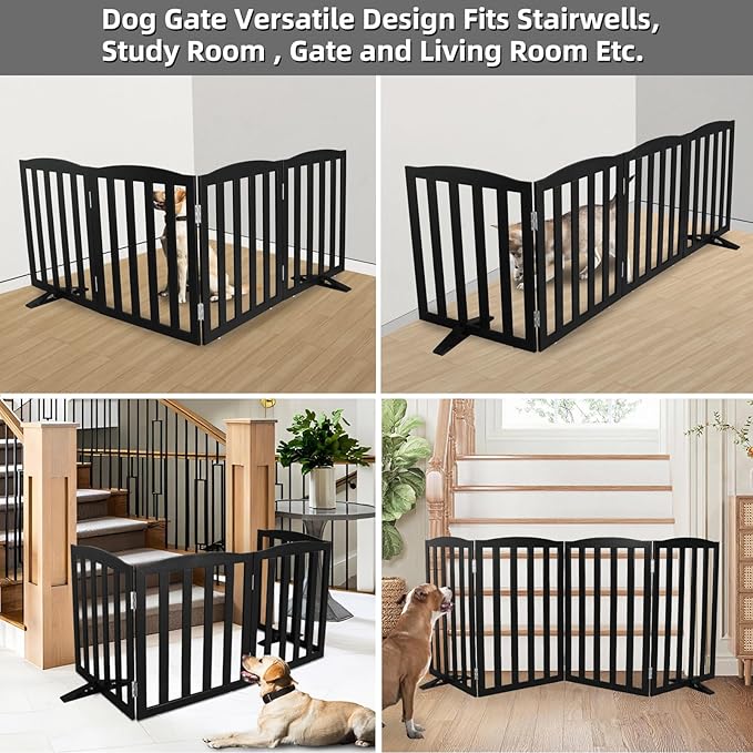 Freestanding Dog Gate Indoor,Doggie Gate Foldable Pet Gates for Doorways,Stairs or Hallways, Wooden Black Pet Gate for The House, Pet Fence with Support Feet Included,24 "Height-2 Panels