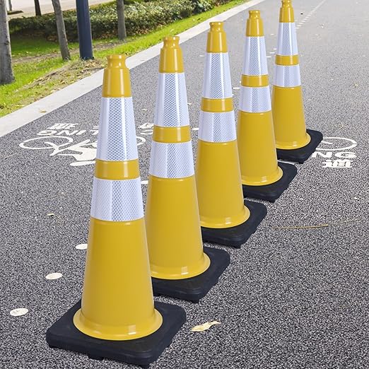 6 Pack 28" Large PVC Traffic Cones with Heavy-Duty Black Base, Garage Parking Lot Cones Structurally Stable Weatherproof Road Construction Safety Cones (6, Yellow, 28" Large)