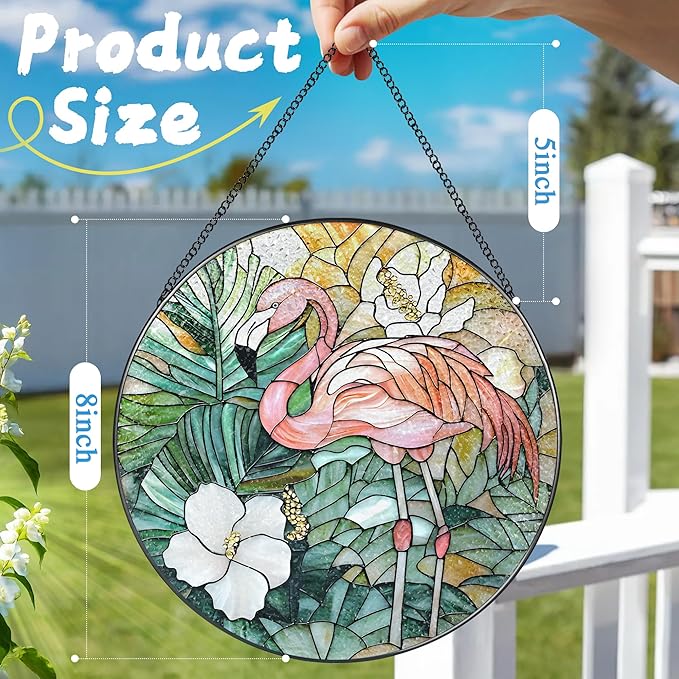 8″ Stained Glass Window Hanging Ornament, Flamingo Stained Glass Suncatcher Ornament, Sun-Catcher Window Decor | Housewarming & Birthday Gifts, Festival Gift | Gifts for Flamingo Lovers
