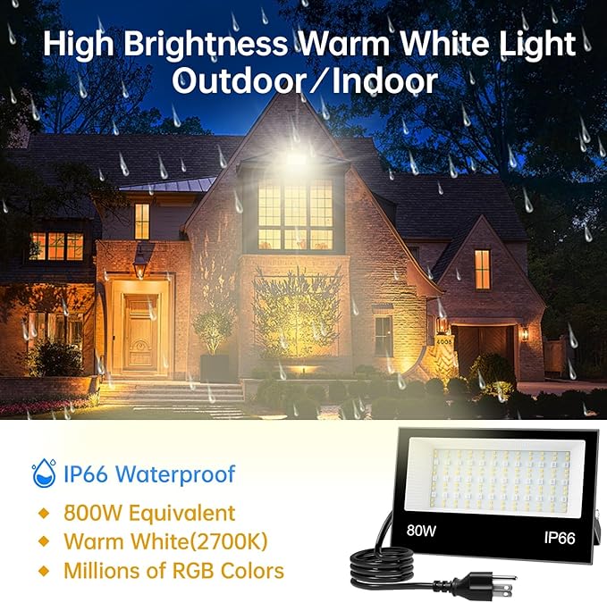 LED Flood Light Outdoor 80W, 800W Equivalent 8000LM Color Changing Stage Spotlight with APP Control, DIY Scenes - Timing - Warm White 2700K - Smart RGB Landscape Uplight, 43 Modes, IP66 Waterproof