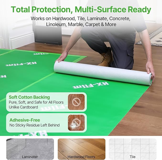 39" x 100' Heavy-Duty Floor Protection | Construction Grade Carpet Protector | Drop Cloth Plastic Film for Hardwood Floors | Waterproof Painters Covering with No Residue (Green)