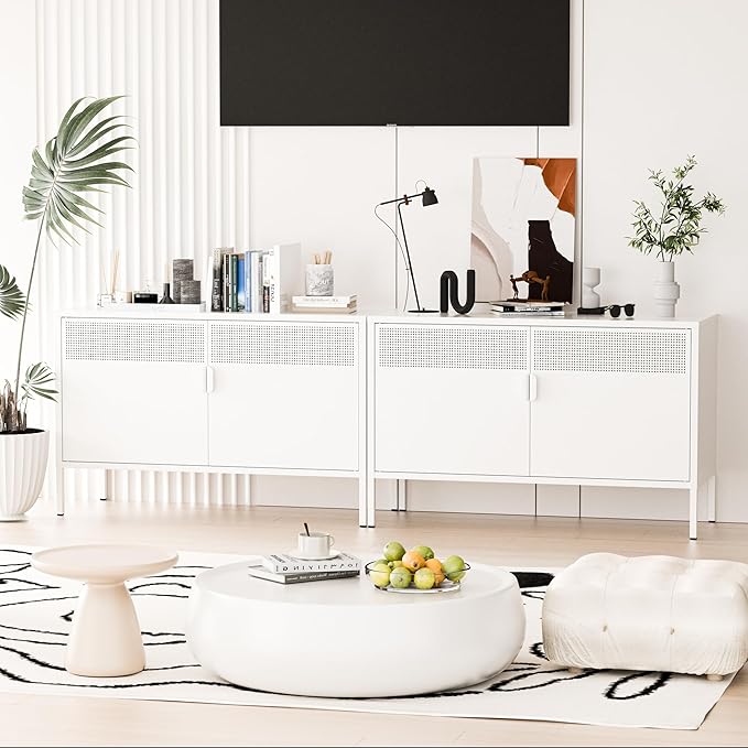 2 Door Storage Sideboard, Metal Storage Cabinet with 2 Adjustable Shelf,Multipurpose Metal Accent Cabinet for Office Home,Music Studio (White, 25''H)