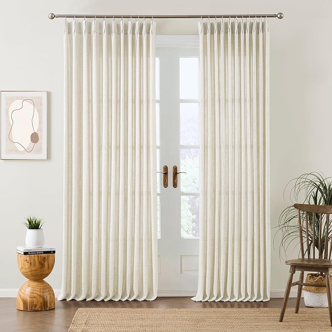 Natural Pinch Pleated Curtains 108 Inches Long Set of 2, Linen Drapes Back Tab with Hooks,Light Filtering Window Curtain Panels for Living Room 70 Width 108 Length