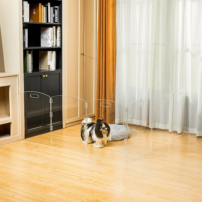 Modern Frame Clear Acrylic Freestanding Pet Gate - 24" High Extra-Wide Folding 6-Panel Dog Barrier for Doorways, Stairs & Large Openings, Indoor Fence for Dogs, Puppies & Cats