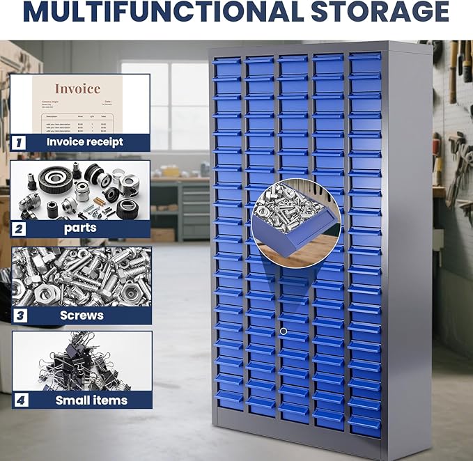 100-Drawer - Nut and Bolt Organizer | Stainless Steel Part Storage Cabinet | Shelves & Labels | Each Drawer 3.9" D x 7.8W x 2" H | Durable Hardware Storage for Small Parts/Tool (Classroom, Home)