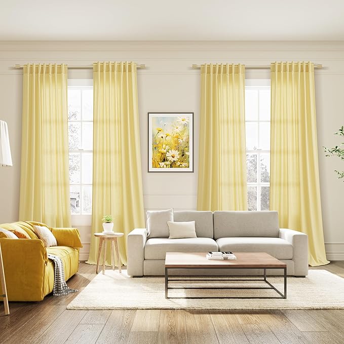 Yellow Linen Curtains 105 Inches Long for Living Room 2 Panels Set Extra Long Back Tab Curtains Neutral Farmhouse Light Filtering Semi Sheer Linen Drapes Ceiling to Floor for Large Window 52x105