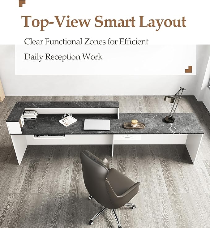 Modern L-Shaped Reception Desk with Counter – 71" Front Desk Reception Room Table with Lockable Drawer & Keyboard Tray for Office, Salon, Lobby, Checkout (White + Black, Left)