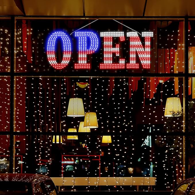 USA Flag 40"x14" Extra Large LED Open Signs for Business with Remote Controlled, 10 Levels Brightness Adjustable Unique Design Super Bright with Chain, High Visibility for Store Bar Hotel Retail Shop