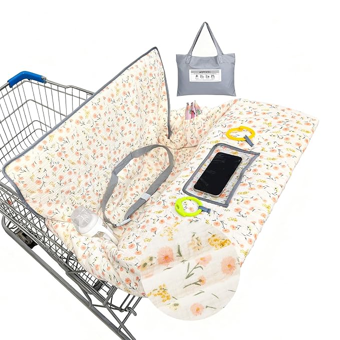 Muslin Shopping Cart Cover for Baby Soft & Breathable High Chair Covers for Restaurant Seat Grocery Cart Cover with Storage Pocket Machine Washable for Infant Toddler Boy and Girl, Beige