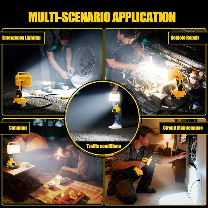 Cordless LED Work Light Compatible with DeWalt 20V Battery, 2000LM Portable Handheld Flashlights Tool with USB Port and 3 Brightness Modes for Camping, Fishing, Job Site, Indoor & Outdoor Use