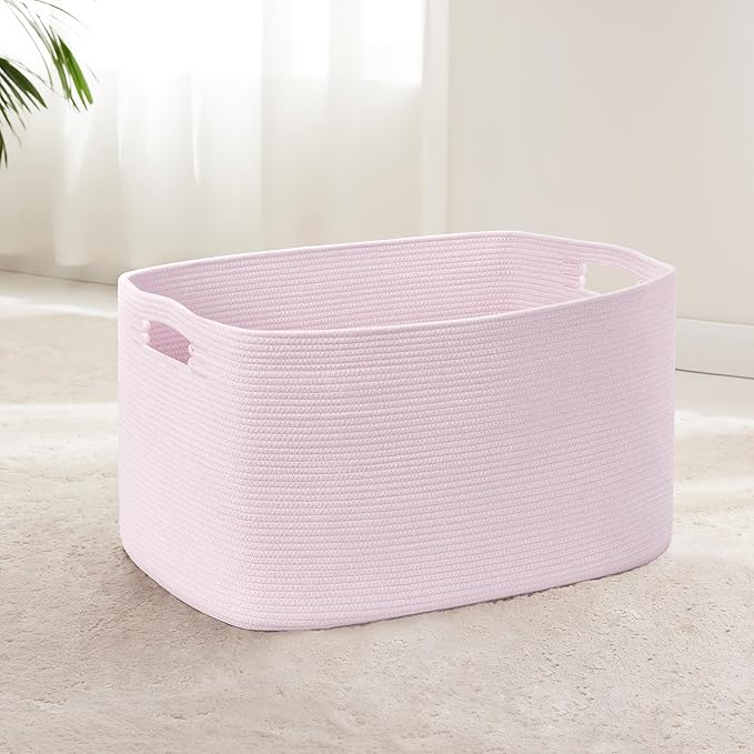 60L Small Baby Girls Laundry Basket for Nursery Storage,Cute Woven cotton Rope Baskets for Kids Toy，Gifts, Boho Square Wicker Blanket hamper for Living Room,Bedroom Dirty Clothes,Pink
